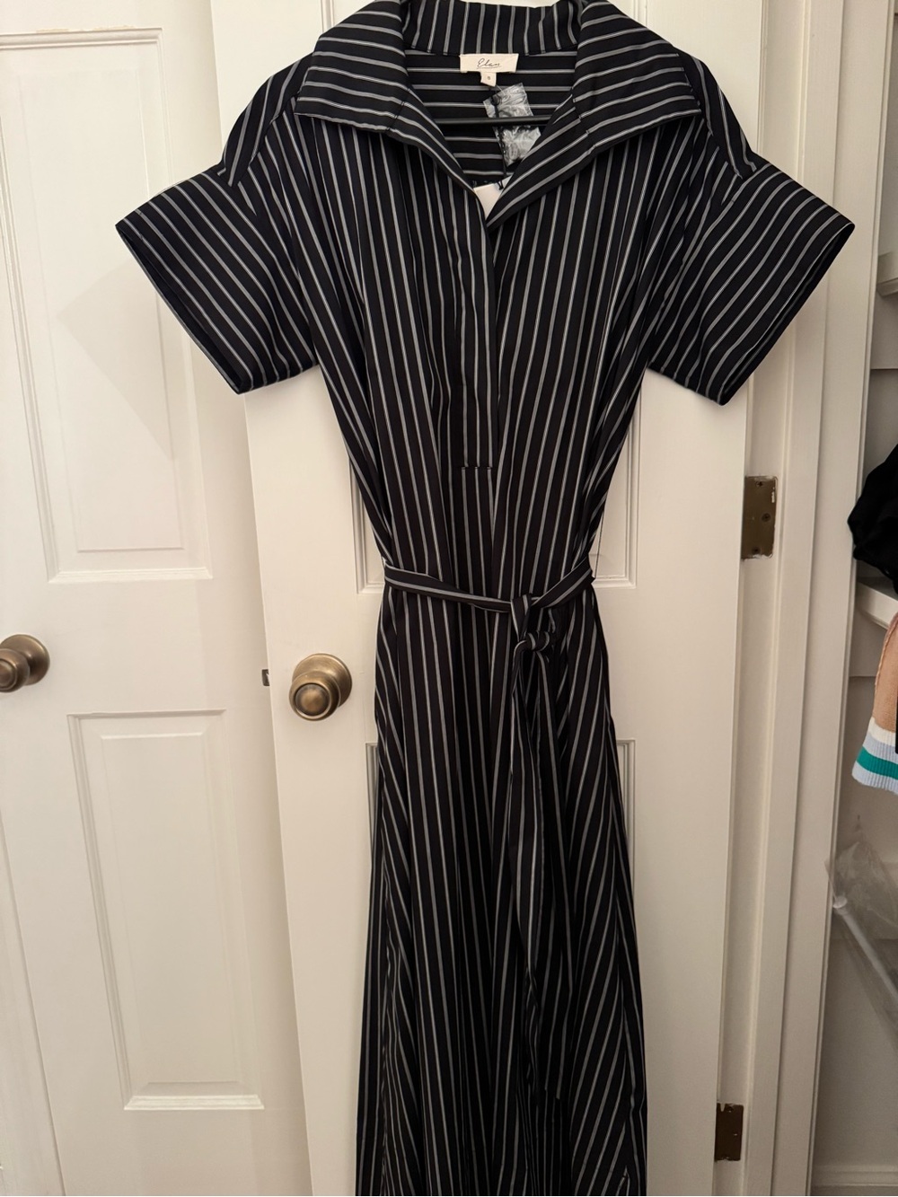 Elan Black and White Pinstripe Maxi Dress with Tie Waist